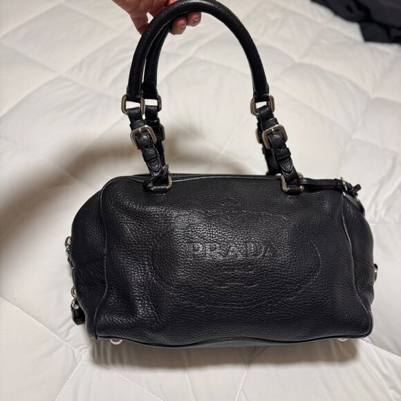 Prada Vitello Daino Logo Leather Bauletto Bag Nero Black Authenticity Card Mint - Picture 11 of 16